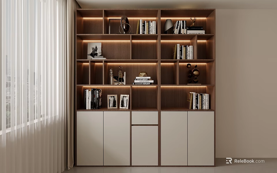Modern Wooden And White Bookcase Design With Layered Shelves Books Decorative Items And Cabinet Doors 3d model 