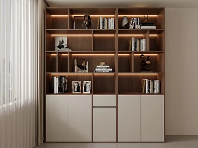 Modern Wooden And White Bookcase Design With Layered Shelves Books Decorative Items And Cabinet Doors 3d model