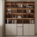 Modern Wooden And White Bookcase Design With Layered Shelves Books Decorative Items And Cabinet Doors