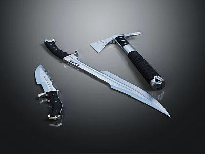 Sharp Metal Weapons With Black Handles Including Large Knife Axe And Dagger 3d model