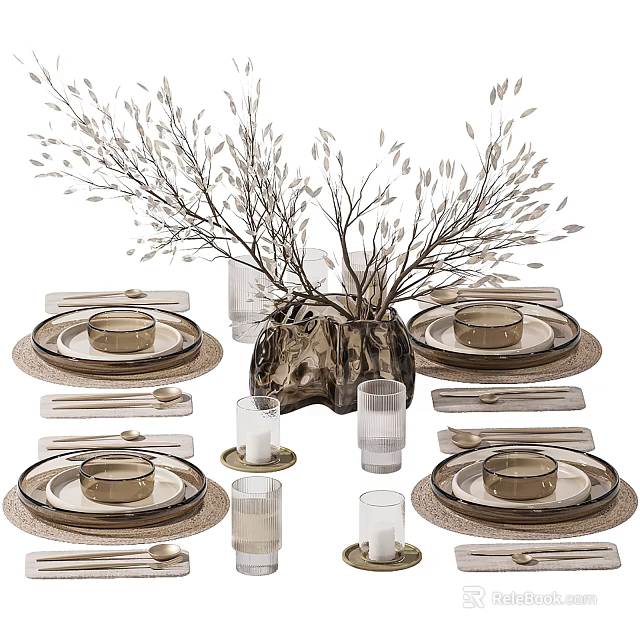 Elegant Tableware Set With Plates Cups Candles And Decorative Branches For Dining Table 3d model 