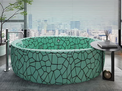 Green Cracked Pattern Round Bathtub With City View Through Window And Side Table 3d model