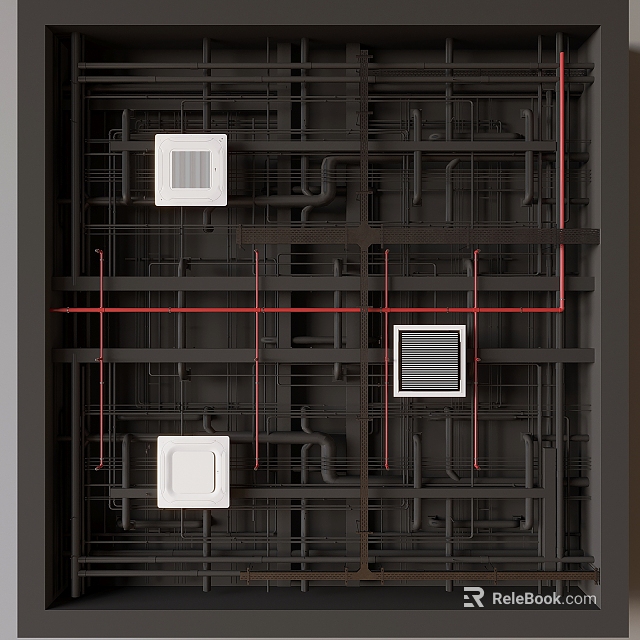 Industrial Ceiling With Exposed Pipes Red Lines And Fixtures 3d model 