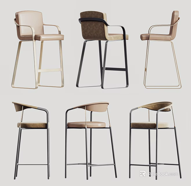 Modern Bar Stools Featuring Various Styles With Brown Beige And Black Frames 3d model 