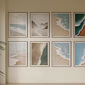 Eight Framed Abstract Paintings With Ocean Waves Sandy Beaches And Mountain Scenes On Wall