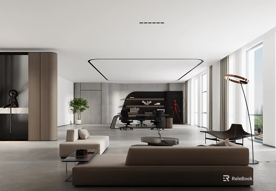 Modern Minimalist Office Interior With Sofa Desk Green Plant And Floor to Ceiling Windows 3d model 