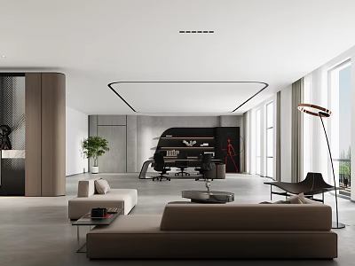 Modern Minimalist Office Interior With Sofa Desk Green Plant And Floor to Ceiling Windows 3d model