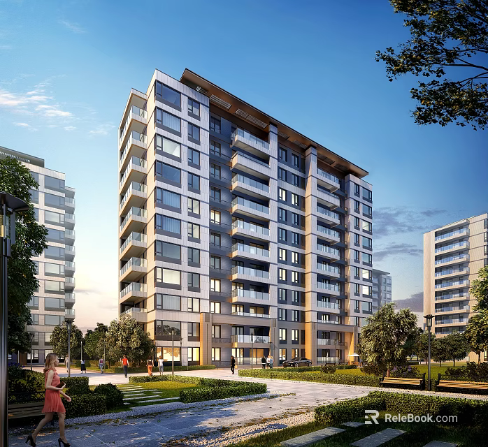 Modern Mid Rise Residential Building With Glass Windows And Balconies Surrounded By Greenery And Trees 3d model 