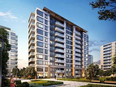 Modern Mid Rise Residential Building With Glass Windows And Balconies Surrounded By Greenery And Trees 3d model