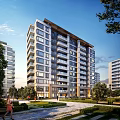 Modern Mid Rise Residential Building With Glass Windows And Balconies Surrounded By Greenery And Trees