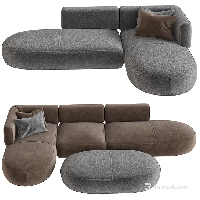 Modern Sectional Sofa With Gray Brown Colors Round Modules And Decorative Pillows 3d model