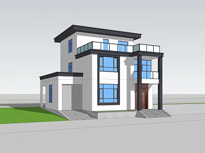 Modern Two Story Detached House Exterior With Large Windows Balcony And Lawn 3d model