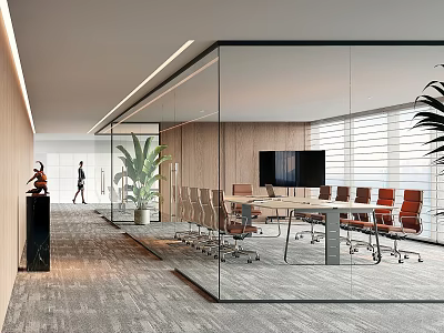 Modern Meeting Room Interior With Glass Partitions Wooden Walls Large Screen TV And Green Plants 3d model