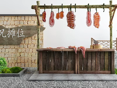 Traditional Outdoor Meat Stall With Hanging Meat Cuts Wooden Counter Brick Wall And Green Plants 3d model