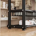 Black Metal Shoe Rack with Hanging T Shirts Shirts and Lower Storage Basket