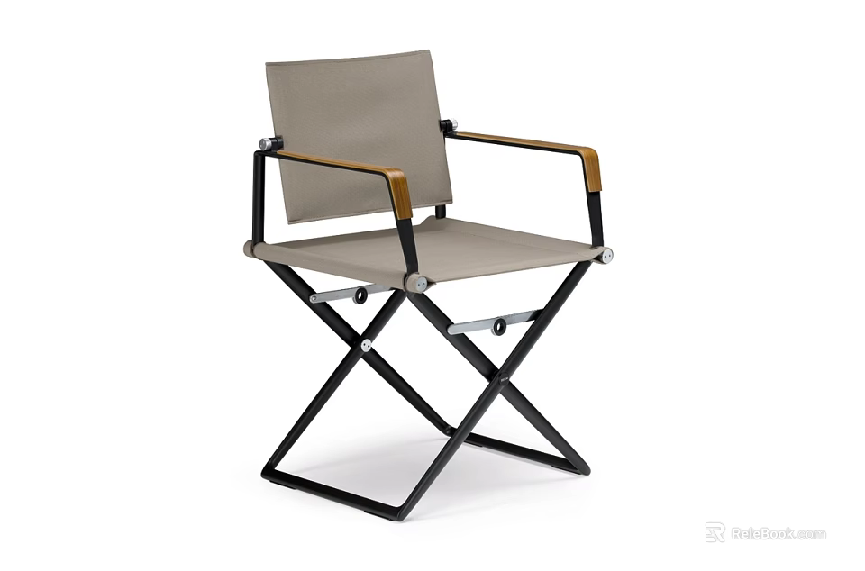 Comfortable Folding Leisure Chair With Black Metal Frame Wooden Armrests And Light Gray Fabric Seat 3d model 