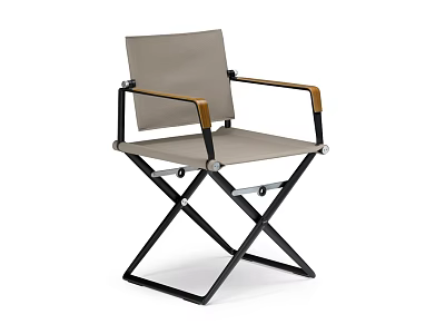 Comfortable Folding Leisure Chair With Black Metal Frame Wooden Armrests And Light Gray Fabric Seat 3d model