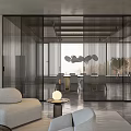 Modern Living and Dining Room Interior Design With Glass Partitions Large Windows And Pendant Lights