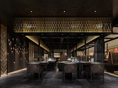 Modern Hotpot Restaurant Interior With Comfortable Tables And Stylish Lighting Decoration 3d model