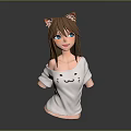 Anime Game Character With Cat Ears Brown Hair Blue Eyes Wearing White Cat Design Shirt