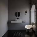 Modern Bathroom Interior Featuring Wall Mounted White Sink Round Mirror And Freestanding Bathtub