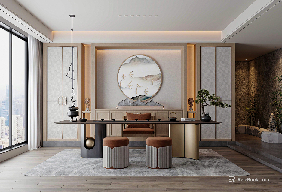 Elegant Tea Room Interior Design With Round Crane Painting Wooden Wall Long Table And Stools 3d model 
