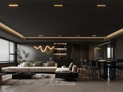 Modern Dark Living and Dining Area Interior With Beige Sofa Dining Table and Ambient Lighting 3d model