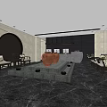 Modern Store Front Desk Interior Design With Marble Counter Seating Area And Decorative Vases
