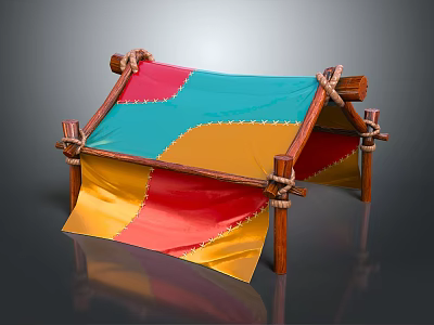 Colorful Patchwork Play Tent With Wooden Poles And Vibrant Fabric Design 3d model