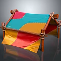 Colorful Patchwork Play Tent With Wooden Poles And Vibrant Fabric Design