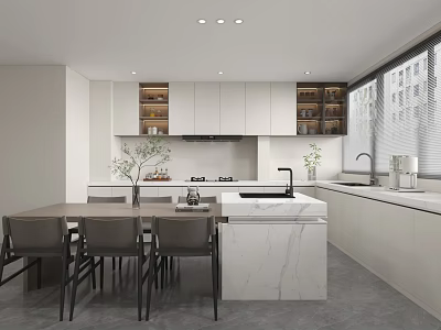 Modern Kitchen Interior Design With Marble Island White Cabinets Dining Table And Windows 3d model