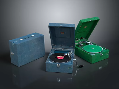 Vintage Record Players Blue And Green Open With Vinyl Record And Closed Cases 3d model