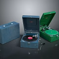 Vintage Record Players Blue And Green Open With Vinyl Record And Closed Cases