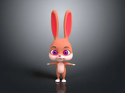 Cute Brown Cartoon Rabbit With Big Pink Ears And Purple Eyes 3d model