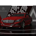 Modern Display Shelves for Red Mercedes Car Exhibition in Showroom with Geometric Background and Logo