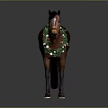 Brown Horse Adorned With Green Garland And Golden Ornaments On Gray Background