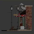 Vintage Pub And Bank Storefront With Red Door Striped Awning Street Lamps And Vending Machine