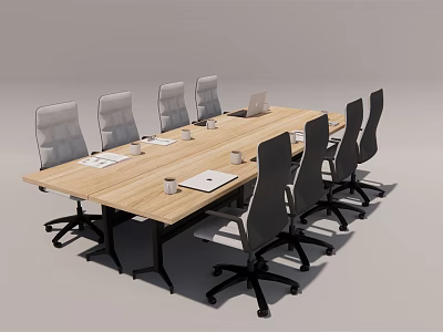Wooden Meeting Table With Gray Office Chairs Notebooks And Cups For Modern Conference Room Setup 3d model
