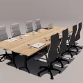 Wooden Meeting Table With Gray Office Chairs Notebooks And Cups For Modern Conference Room Setup