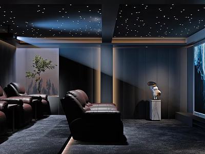 Modern Home Theater Room Design With Starry Ceiling Leather Sofas And Large Screen 3d model