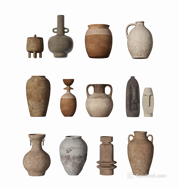 Ceramic Vessels Collection Featuring Various Shapes Earthy Tones And Rustic Designs 3d model