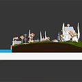 3D Rural Landscape With Cottages Green Trees Orange Shrubs White Caravan And Small River
