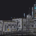 Futuristic Space Station Building Featuring Metallic Towers Illuminated Blue Windows Hexagonal Patterns and External Pipes