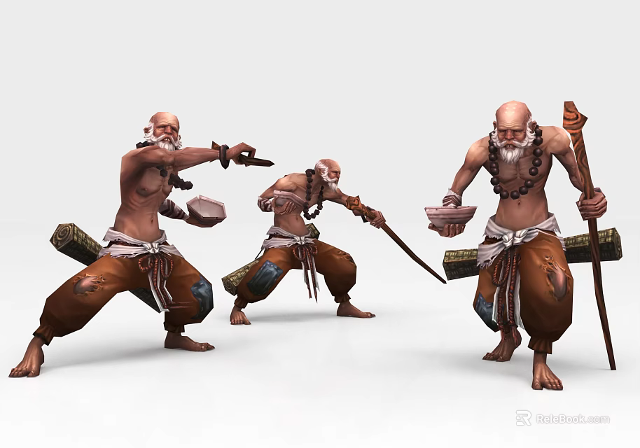 Bald Bearded Game Movie Characters In Traditional Outfits With Swords And Sticks In Action Poses 3d model 