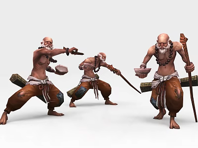 Bald Bearded Game Movie Characters In Traditional Outfits With Swords And Sticks In Action Poses 3d model