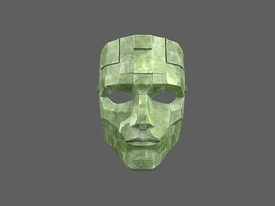 Green Stone Carved Mask Sculpture With Geometric Block Pattern And Textured Surface 3d model