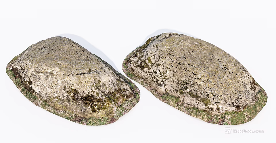 Rustic Stone and Wood Decorative Elements with Mossy Surface and Natural Textured Design 3d model 