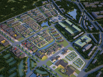Comprehensive Aerial View Planning With Residential Areas Public Facilities Green Spaces And Water Features 3d model