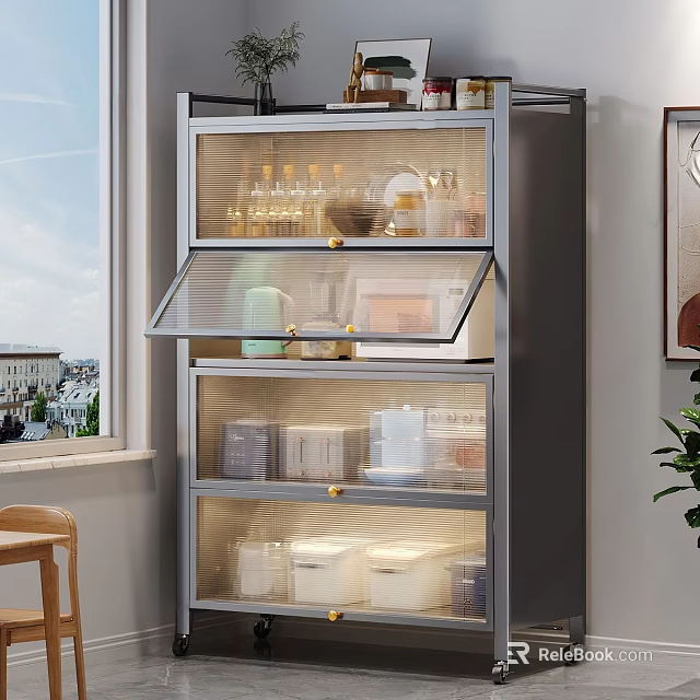 Modern Storage Cabinet With Glass Doors And Multiple Shelves Holding Organized Storage Containers Bottles 3d model 