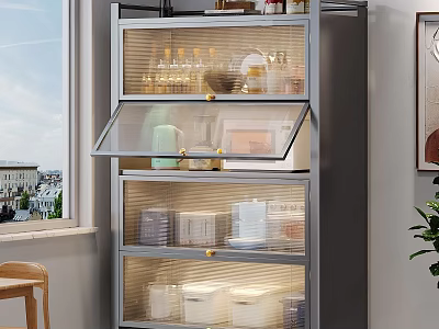 Modern Storage Cabinet With Glass Doors And Multiple Shelves Holding Organized Storage Containers Bottles 3d model